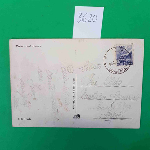 PAVIA PONTE ROMANO CARTOLINA VIAGGIATA ANNI 50 FRANCOBOLLO 6 LIRE VECCHIO P.R.
