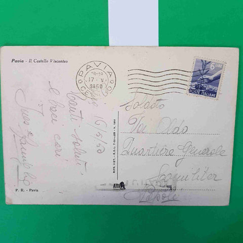 PAVIA CASTELLO VISCONTEO CARTOLINA VIAGGIATA 1950 FRANCOBOLLO 6 LIRE PAVESE P.R.