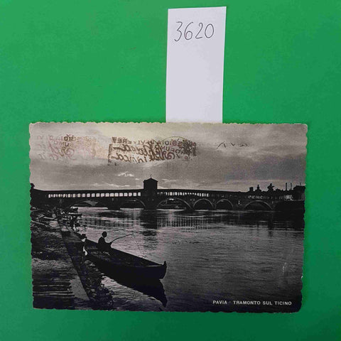 PAVIA TRAMONTO SUL TICINO PONTE COPERTO CARTOLINA VIAGGIATA 1950 ED. A. PREDA