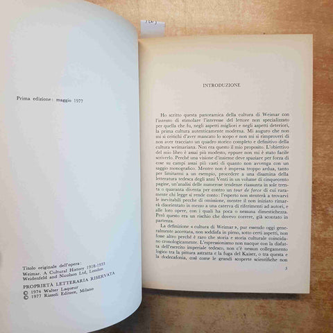WALTER LAQUEUR - LA REPUBBLICA DI WEIMAR - RIZZOLI 1977 PRIMA EDIZIONE STORIA