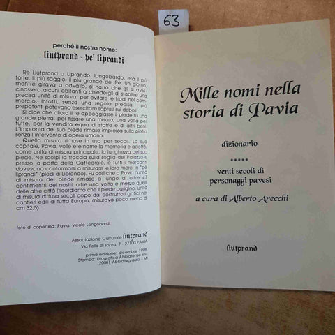 MILLE NOMI NELLA STORIA DI PAVIA - ALBERTO ARECCHI 1998 DIZIONARIO BIOGRAFICO