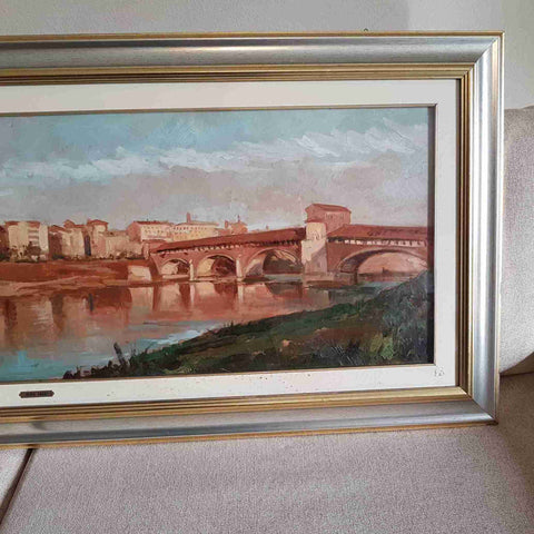 REMO FAGGI - DIPINTO OLIO SU TELA VEDUTA DI PAVIA PONTE COPERTO 140X60 CM