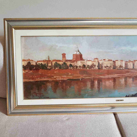 REMO FAGGI - DIPINTO OLIO SU TELA VEDUTA DI PAVIA PONTE COPERTO 140X60 CM