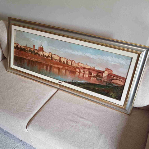 REMO FAGGI - DIPINTO OLIO SU TELA VEDUTA DI PAVIA PONTE COPERTO 140X60 CM