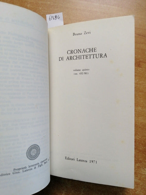 BRUNO ZEVI Cronache Di Architettura V - da Tel Aviv a Roma 1971 Laterza (69