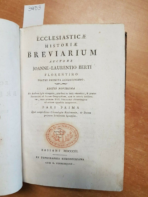 Ecclesiasticae Historiae Breviarum 1803 Joanne-Laurentio Berti 2 VOL. IN 1(