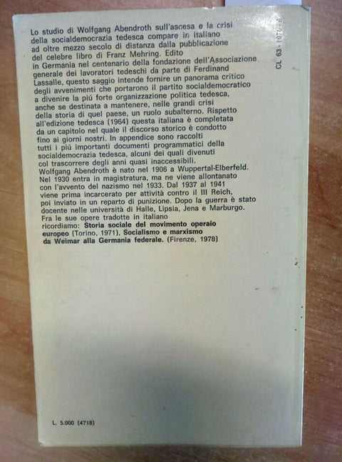 LA SOCIALDEMOCRAZIA IN GERMANIA - ABENDROTH 1980 EDITORI RIUNITI (2084