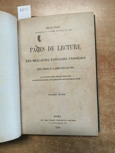 EMILE PUGET - PAGES DE LECTURE DES MEILLEURS ECRIVAINS FRANCAIS 1903 RARO (