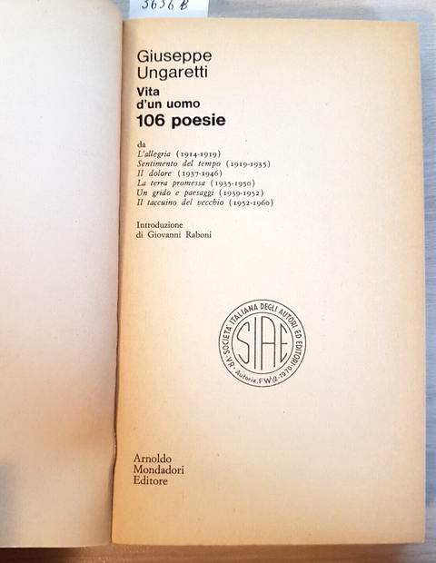 GIUSEPPE UNGARETTI: VITA D'UN UOMO 106 POESIE 1914-1960 -Mondadori 1970 (3