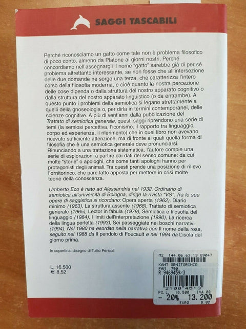 UMBERTO ECO - KANT E L'ORNITORINCO - 1999 - BOMPIANI 1ED. SAGGI TASCABILI