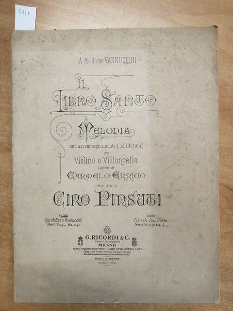IL LIBRO SANTO MELODIA CON VIOLINO O VIOLONCELLO - ERRICO PINSUTI - RICORDI