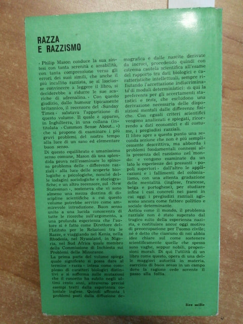 PHILIP MASON - RAZZA E RAZZISMO - BOMPIANI 1963 DATI BIOLOGICI, PREGIUDIZI(