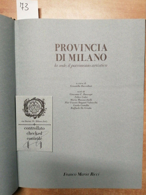 PROVINCIA DI MILANO LA SEDE IL PATRIMONIO ARTISTICO 1988 FRANCO MARIA RICCI