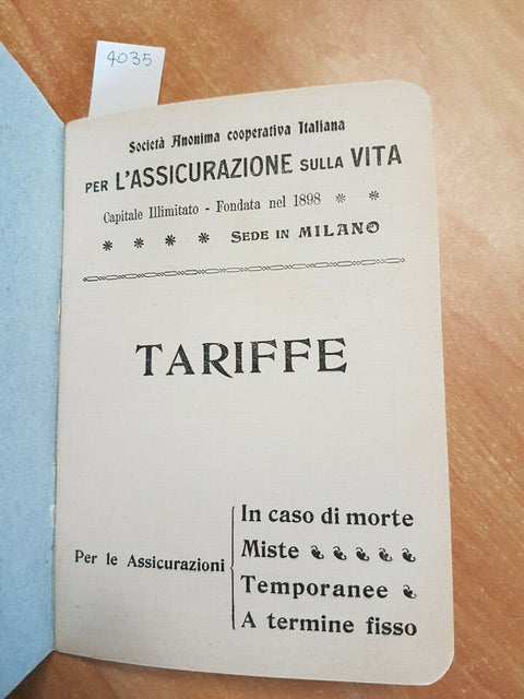 SOCIETA' ANONIMA COOPERATIVA ITALIANA - L'ASSICURAZIONE SULLA VITA TARIFFE