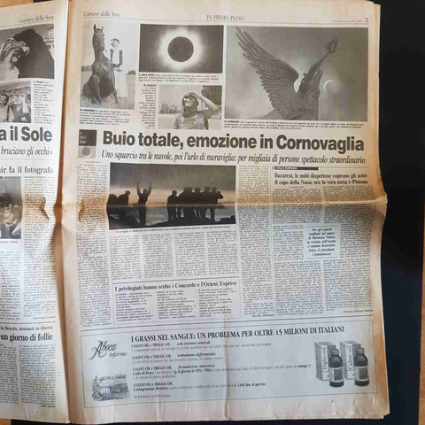 CORRIERE DELLA SERA 12 AGOSTO 1999 ECLISSE SOLARE SOLE NERO PAPA SCHUMACHER