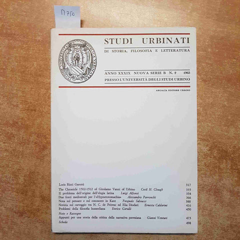 STUDI URBINATI 1-2/1967 STUDI IN ONORE DI ARTURO MASSOLO filatete dewey  ARGALIA