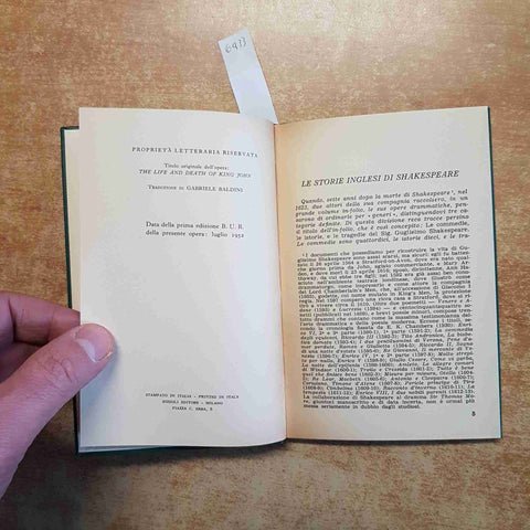 SHAKESPEARE - LA VITA E LA MORTE DI RE GIOVANNI - STORIE INGLESI RIZZOLI BUR