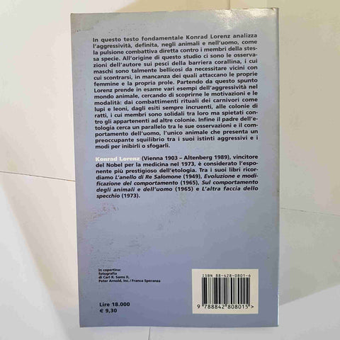KONRAD LORENZ - L’AGGRESSIVITA' - IL SAGGIATORE EST 2000 ETOLOGIA PSICOLOGIA