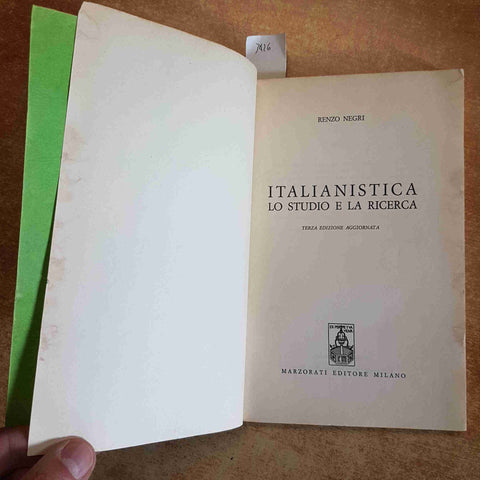 RENZO NEGRI - ITALIANISTICA LO STUDIO E LA RICERCA MARZORATI TERZA EDIZIONE 1980