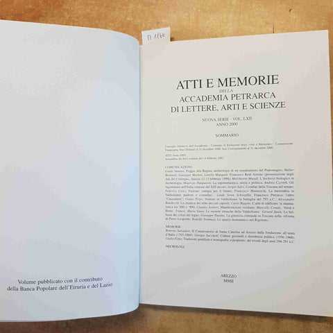 ATTI E MEMORIE ACCADEMIA PETRARCA LETTERE ARTI SCIENZE VOL. LXII 2000 AREZZO