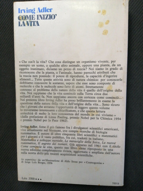 Irving Adler - Come inizi la vita - 1979 - Longanesi (2932g) scienze,