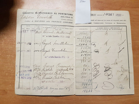 LIBRETTO DI RISPARMIO AL PORTATORE - CARIPLO FILIALE IN PAVIA - 1938 - (290