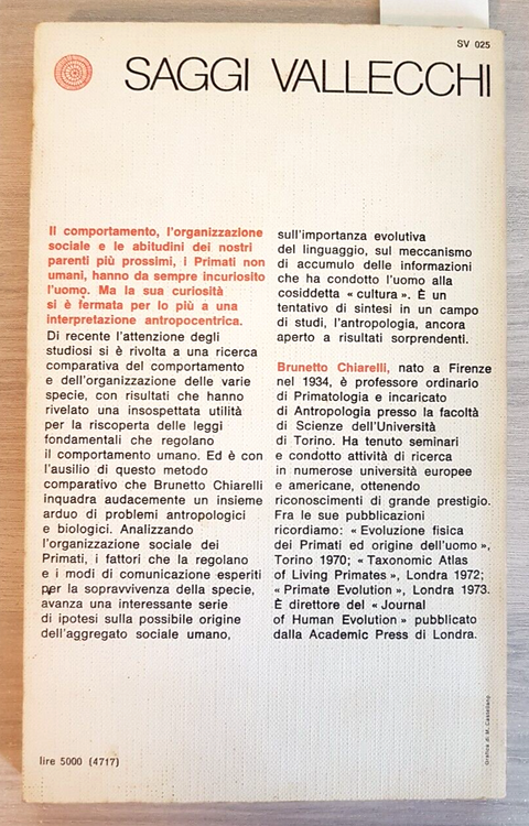 Origine della socialit umana - Chiarelli - 1976 - Vallecchi - ANTROPOLOGIA