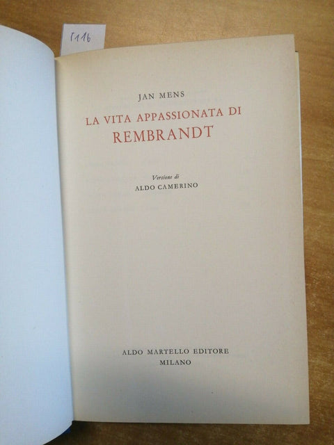 JAN MENS - LA VITA APPASSIONATA DI REMBRANDT - 1959 - MARTELLO - RILEGATO (