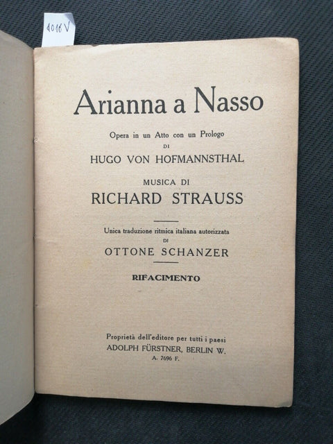 ARIANNA A NASSO Opera in un Atto RICHARD STRAUSS anni '20 Von Hofmannsthal 4016