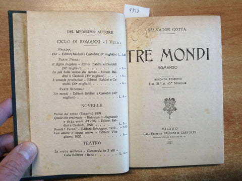 SALVATOR GOTTA - TRE MONDI - ROMANZO - BALDINI & CASTOLDI 1921 (4928