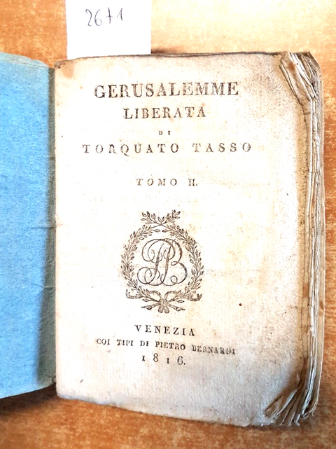 GERUSALEMME LIBERATA tomo II di TORQUATO TASSO - 1816 - Pietro Bernardi - (