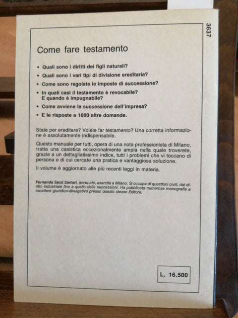 SARZI SARTORI -COME FARE TESTAMENTO -DE VECCHI 1988 EREDITA' SUCCESSIONE (