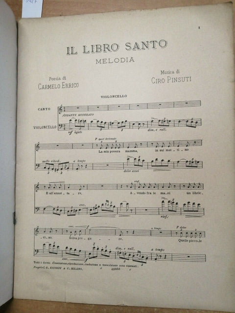IL LIBRO SANTO MELODIA CON VIOLINO O VIOLONCELLO - ERRICO PINSUTI - RICORDI