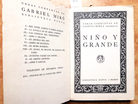 Obras completas de Gabriel Mir 4 NINO Y GRANDE 1938 novela BIBLIOTECA NUEVA7639